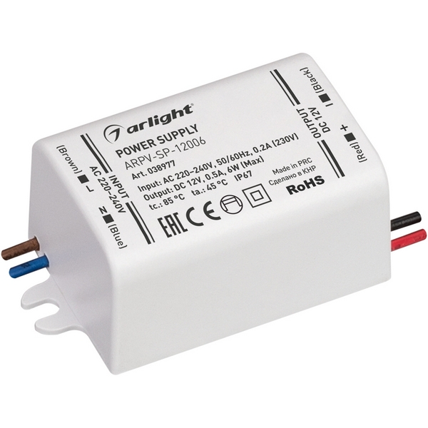 

Блок питания ARPV-SP-12006 (12V, 0.5A, 6W) (Arlight, IP67 Пластик) 038977, ARPV 038977
