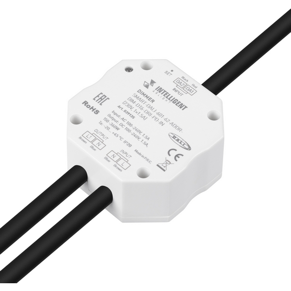 

INTELLIGENT ARLIGHT Диммер SMART-DALI-601-62-ADDR-DIM-DT6-DRI-PD-IN (230V, 1x1.5A) (IARL, IP20 Пластик, 5 лет) 039135 Arlight, 039135