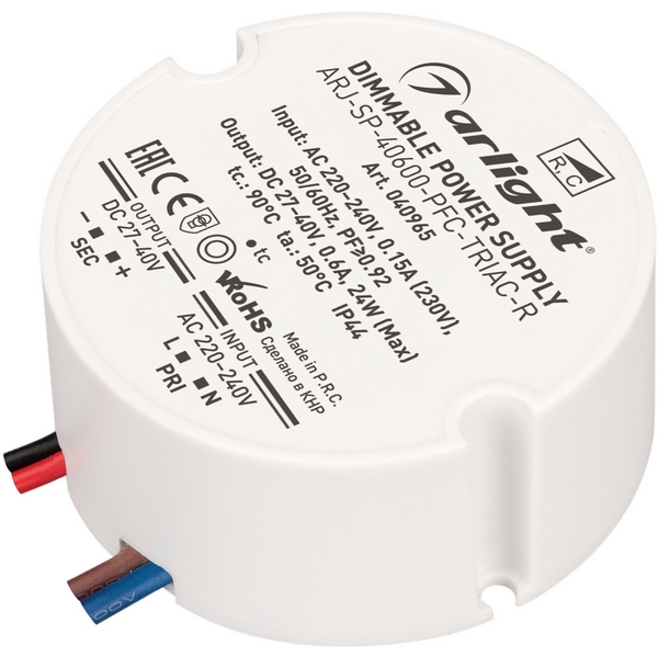 

Блок питания ARJ-SP-40600-PFC-TRIAC-R (24W, 27-40V, 600mA) (Arlight, IP44 Пластик) 040965, ARJ 040965