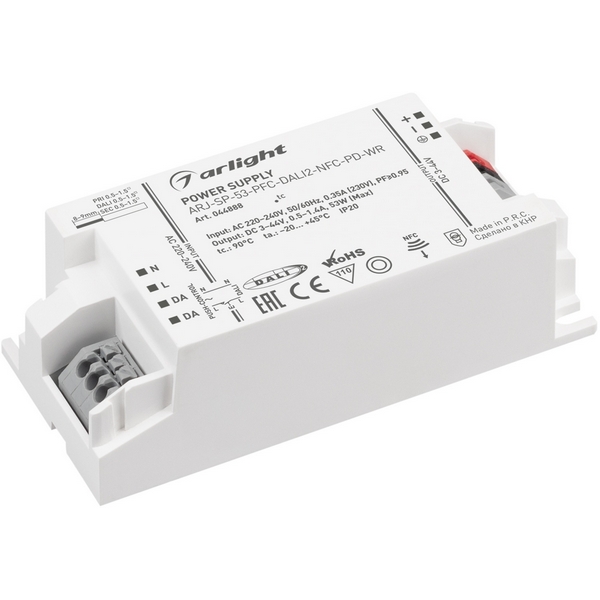 

Блок питания ARJ-SP-53-PFC-DALI2-NFC-PD-WR (53W, 3-44V, 0.5-1.4A) (Arlight, IP20 Пластик) 044888, ARJ 044888