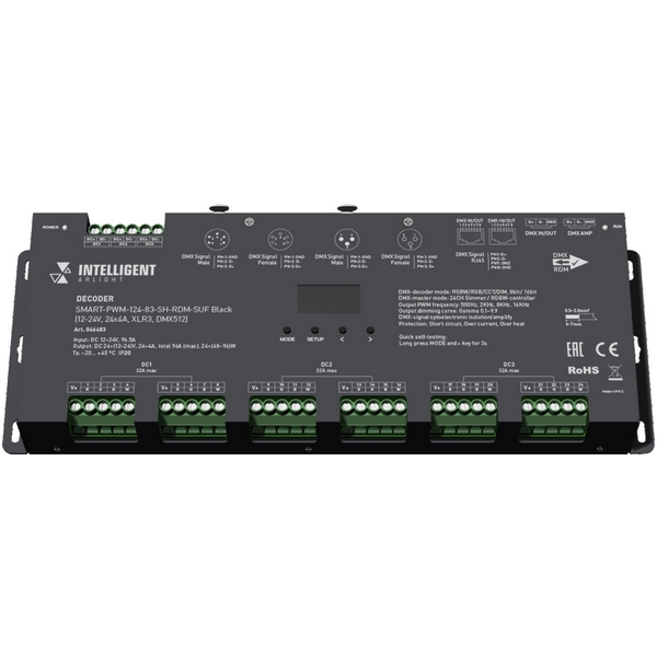 

INTELLIGENT ARLIGHT Декодер SMART-PWM-124-83-SH-RDM-SUF Black (12-24V, 24x4A, XLR3, DMX512) (Arlight, IP20 Металл, 5 лет) 046483, 046483