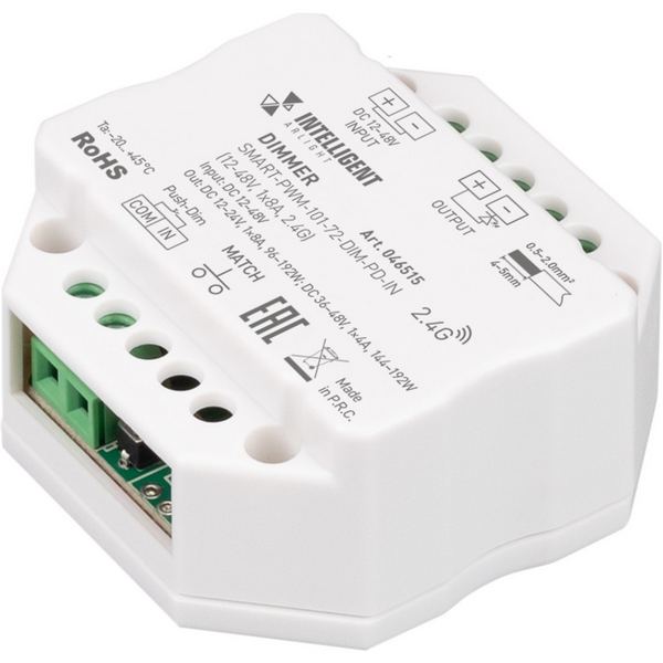 

INTELLIGENT ARLIGHT Диммер SMART-PWM-101-72-DIM-PD-IN (12-48V, 1x8A, 2.4G) (IARL, IP20 Пластик, 5 лет) 046515 Arlight, 046515
