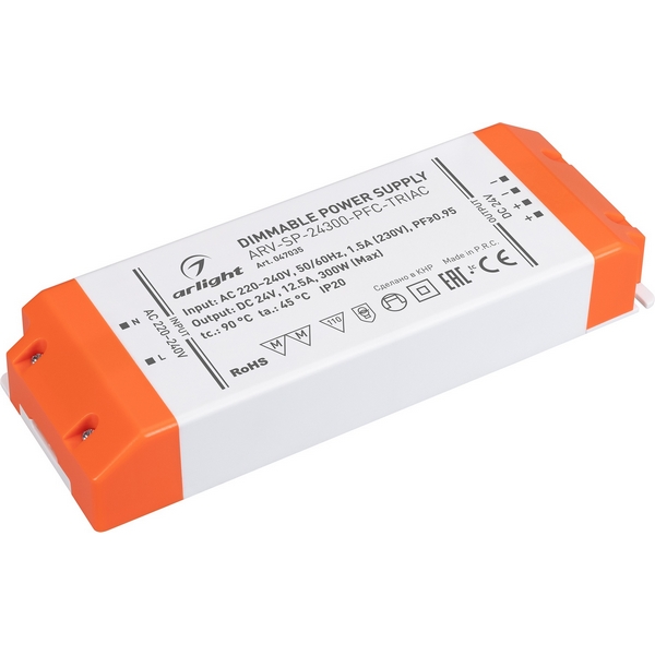 

Блок питания ARV-SP-24300-PFC-TRIAC (24V, 12.5A, 300W) (Arlight, IP20 Пластик, 5 лет) 047035, ARV-SP 047035