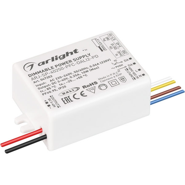 

Блок питания ARJ-SP-40250-PFC-DALI2-PD (10W, 3-40V, 250mA) (Arlight, IP20 Пластик, 5 лет) 047352, ARJ 047352