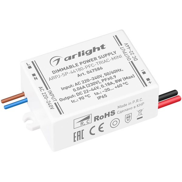 

Блок питания ARPJ-SP-44180-PFC-TRIAC-MINI (8W, 22-44V, 180mA) (Arlight, IP65 Пластик) 047586, ARPJ 047586