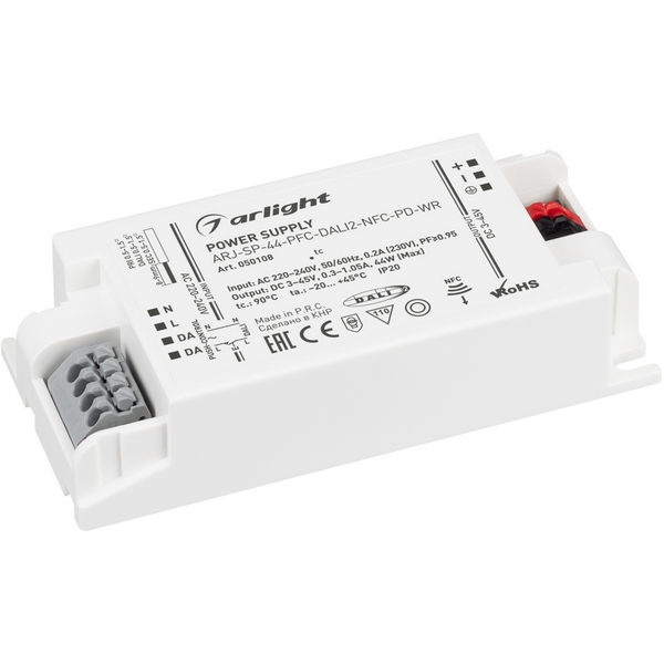 

Блок питания ARJ-SP-44-PFC-DALI2-NFC-PD-WR (44W, 3-45V, 0.3-1.05A) (Arlight, IP20 Пластик) 050108, ARJ 050108