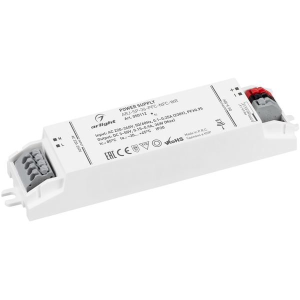 

Блок питания ARJ-SP-36-PFC-NFC-WR (36W, 3-50V, 0.15-0.9A) (Arlight, IP20 Пластик) 050112, ARJ 050112
