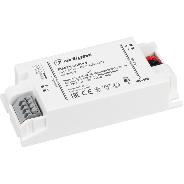 

Блок питания ARJ-SP-44-PFC-NFC-WR (44W, 3-45V, 0.3-1.05A) (Arlight, IP20 Пластик) 050113, ARJ 050113