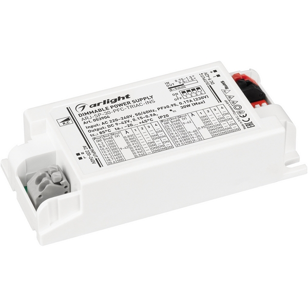 

Блок питания ARJ-SP-30-PFC-TRIAC-INS (30W, 9-42V, 0.15-0.9A) (Arlight, IP20 Пластик) 053904, ARJ 053904