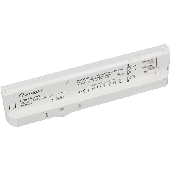 Изображение товара Блок питания для трековых систем ARJ-TR-42-PFC-DALI2-PD-NFC-WH (42W, 10-42V, 0.3-1.05 A, 4TR) (Arlight, IP20 Пластик) 055293