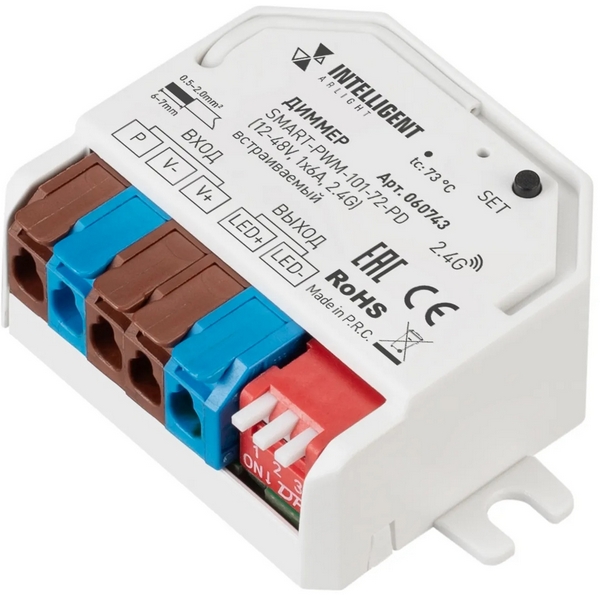 Изображение товара Диммер INTELLIGENT ARLIGHT SMART-PWM-101-72-PD (12-48V, 1x6A, 2.4G) встраиваемый (IARL, IP20 Пластик) 060743 Изображение товара Диммер INTELLIGENT ARLIGHT SMART-PWM-101-72-PD (12-48V, 1x6A, 2.4G) встраиваемый (IARL, IP20 Пластик) 060743