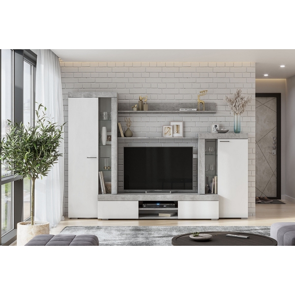 

Стенка Арника в гостиную МГС 5, цемент светлый/белый, Светлое дерево, МГС 00-00162629