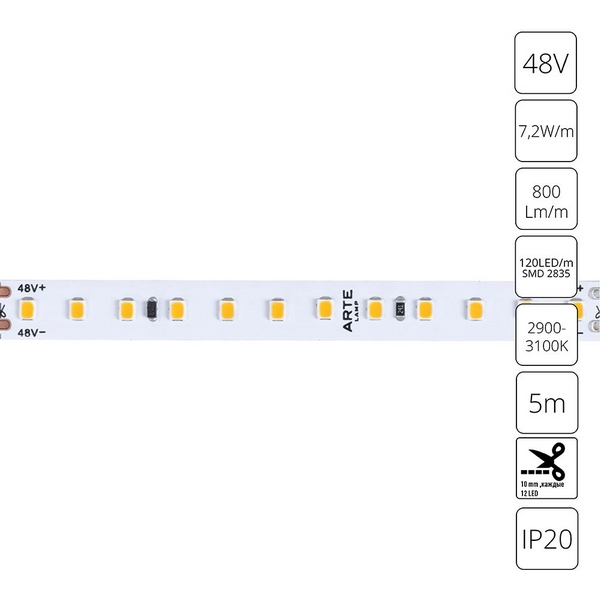 

Светодиодная лента 2835 48V 7,2W/m 3000К 5м Arte Lamp Tape A4812010-01-3K, TAPE A4812010-01-3K