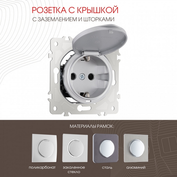 

Розетка с заземлением и крышкой Arte Milano am-202 202.41-1.silver, Серый, am-202 202.41-1.silver
