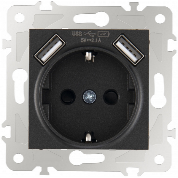 

Розетка с заземлением, шторками и USBх2 DC 5V 2.1A Arte Milano am-203 203.47-1.black, Черный, am-203 203.47-1.black