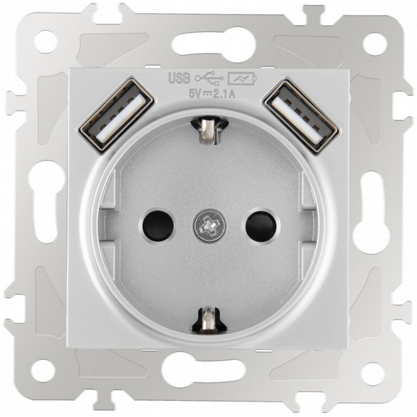 

Розетка с заземлением, шторками и USBх2 DC 5V 2.1A Arte Milano am-203 203.47-1.silver, Серый, am-203 203.47-1.silver