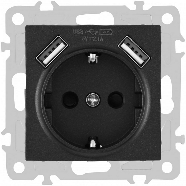 

Розетка с заземлением, шторками и USBх2 DC 5V 2.1A Arte Milano am-206 206.47-1.black, Черный, am-206 206.47-1.black