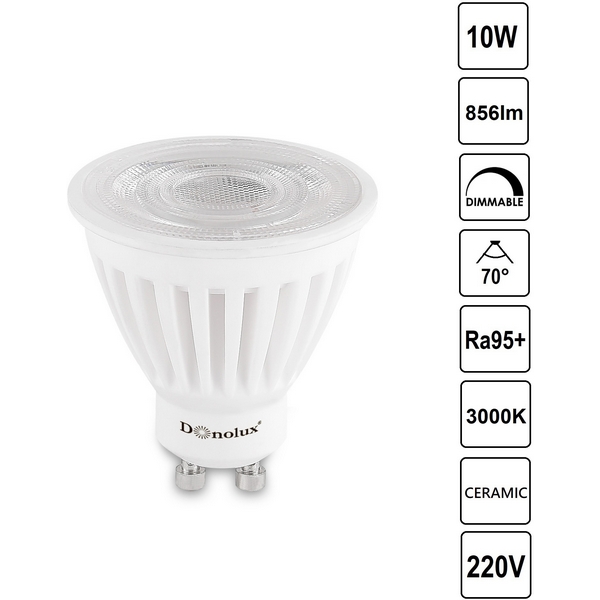 

Светодиодная лампа Donolux DL18275 CERAMIC DL18275W10GU10 70Dim 10Вт, 3000K, 856Лм, Dim Triac, DL18275 DL18275W10GU10 70Dim