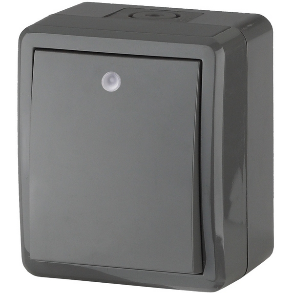 

Выключатель накладной одноклавишный с подсветкой (серый) IP54 ЭРА 11-1402-03, 11-1402-03