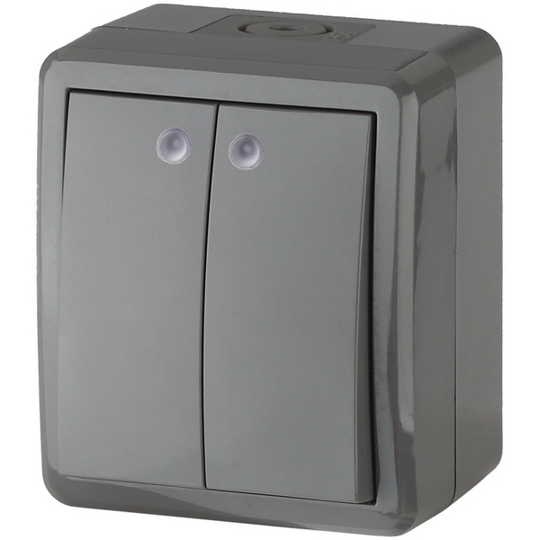 

Выключатель накладной двухклавишный с подсветкой (серый) IP54 ЭРА 11-1405-03, 11-1405-03