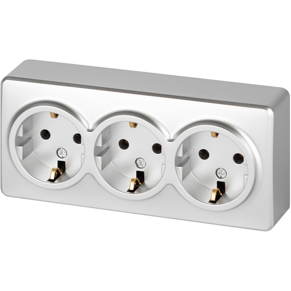 Изображение товара Розетка тройная накладная с заземлением и шторками ЭРА 11-2208-03 алюминий