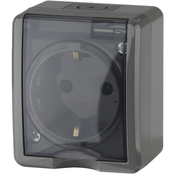 

Розетка накладная с заземлением и крышкой (серый) IP54 ЭРА 11-2401-03, 11-2401-03