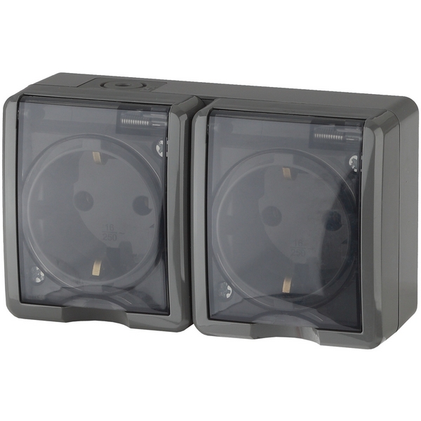 

Розетка накладная двойная с заземлением, шторками и крышкой (серый) IP54 ЭРА 11-2404-03, 11-2404-03