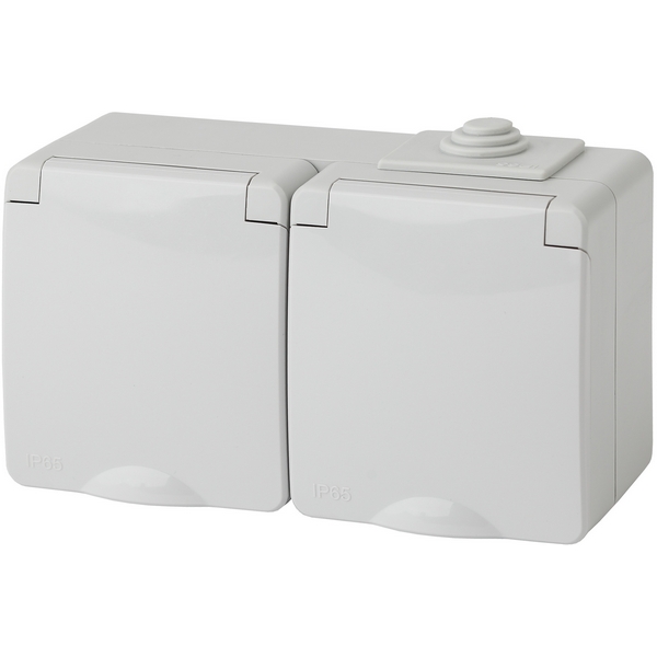 

Розетка накладная двойная с заземлением, шторками и крышкой (серый) IP65 ЭРА 11-2604-03, 11-2604-03