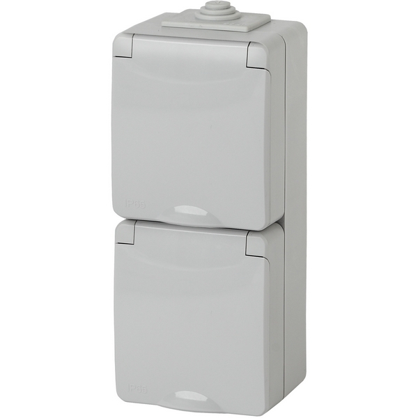 

Розетка накладная двойная с заземлением, шторками и крышкой (серый) IP65 ЭРА 11-2608-03, 11-2608-03