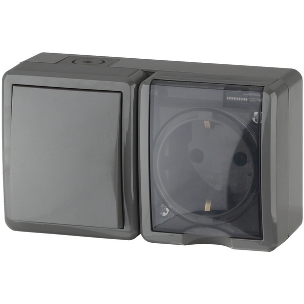 

Розетка с заземлением и крышкой с одноклавишным выключателем (серый) ЭРА 11-7401-03, 11-7401-03