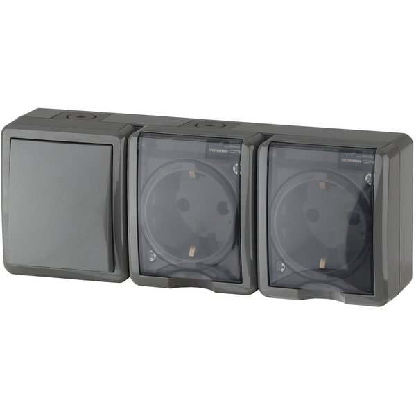 

Розетка накладная двойная с заземлением и крышкой с одноклавишным выключателем (серый) IP54 ЭРА 11-7403-03, 11-7403-03