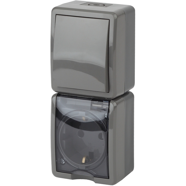 

Розетка накладная с заземлением и крышкой с одноклавишным выключателем (серый) IP54 ЭРА 11-7407-03, 11-7407-03