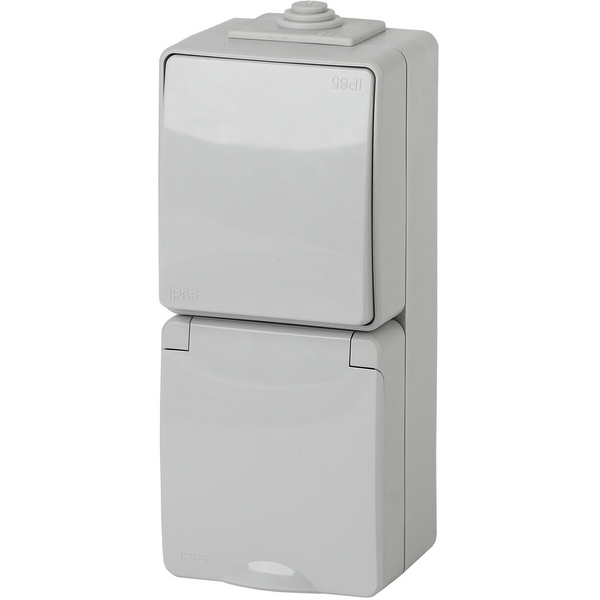 Изображение товара Розетка с заземлением и крышкой IP65 с одноклавишным выключателем ЭРА 11-7607-03