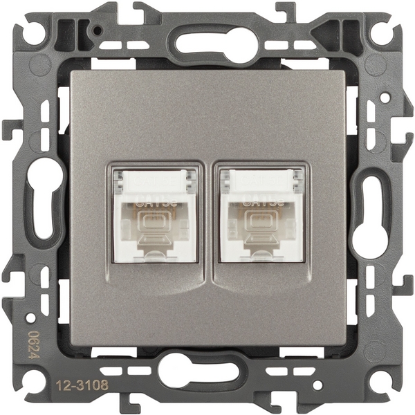 

Розетка встраиваемая двойная Ethernet RJ-45 (титан) ЭРА 12-3108-16, Серый, 12-3108-16