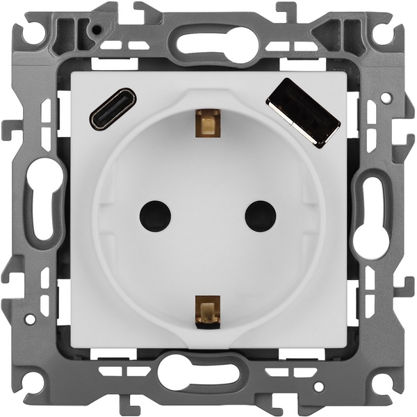 

Розетка встраиваемая с заземлением, шторками и USB Type A+С (белый матовый) ЭРА 12-4108-01М, 12-4108-01М