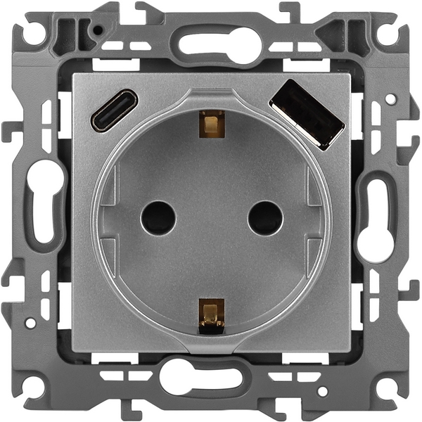 

Розетка с заземлением, шторками и USB Type A+С (алюминий) ЭРА 12-4108-03, 12-4108-03