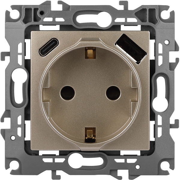 

Розетка с заземлением, шторками и USB Type A+С (шампань) ЭРА 12-4108-04, 12-4108-04