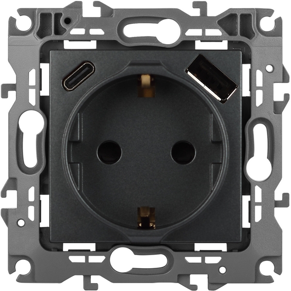 

Розетка встраиваемая с заземлением, шторками и USB Type A+С (графит) ЭРА 12-4108-12, 12-4108-12