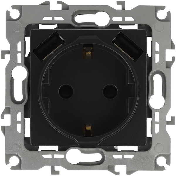 Изображение товара Встраиваемая розетка с заземлением, шторками и USBх2 Антрацит ЭРА 12-4109-05