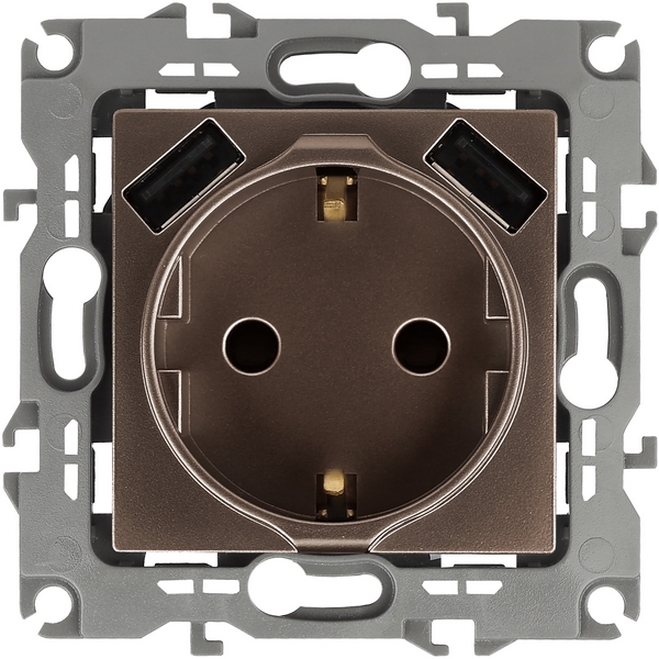 Изображение товара Встраиваемая розетка с заземлением шторками и USB бронза ЭРА 12-4109-13