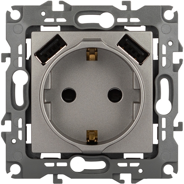 Изображение товара Встраиваемая розетка с USB и заземлением ЭРА 12-4109-16 титановая