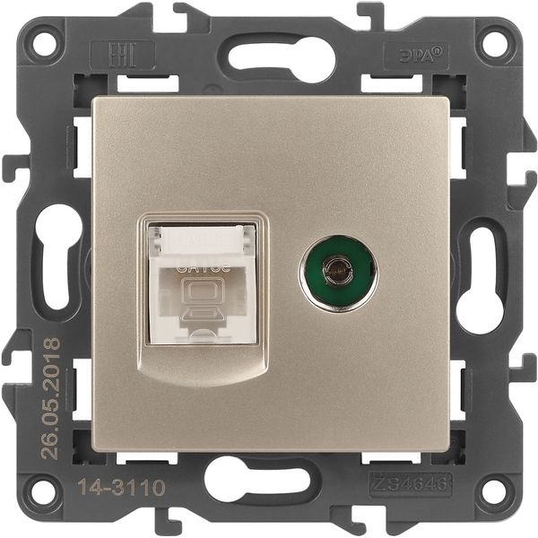 

ТВ-розетка и Ethernet RJ-45 (шампань) ЭРА 14-3110-04, 14-3110-04