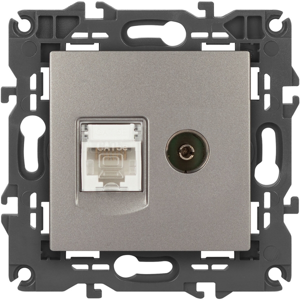 

ТВ-розетка встраиваемая и Ethernet RJ-45 (титан) ЭРА 14-3110-16, Серый, 14-3110-16