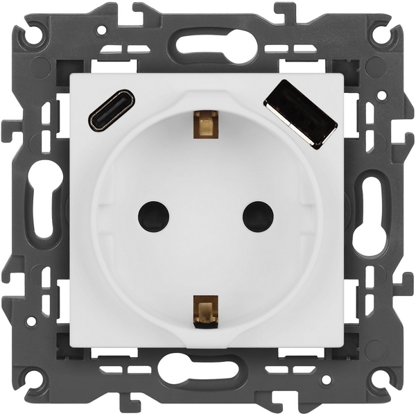 

Розетка встраиваемая с заземлением, шторками и USB Type A+С (белый матовый) ЭРА 14-4108-01М, 14-4108-01М