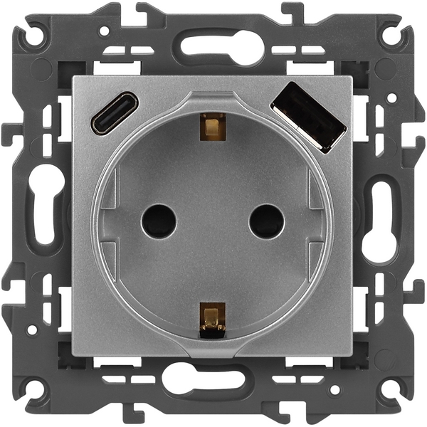 

Розетка встраиваемая с заземлением, шторками и USB Type A+С (алюминий) ЭРА 14-4108-03, 14-4108-03