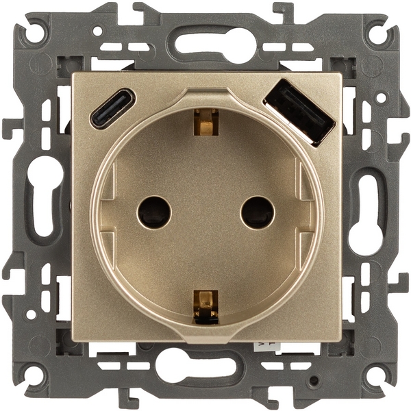 

Розетка встраиваемая с заземлением, шторками и USB Type A+С (шампань) ЭРА 14-4108-04, 14-4108-04