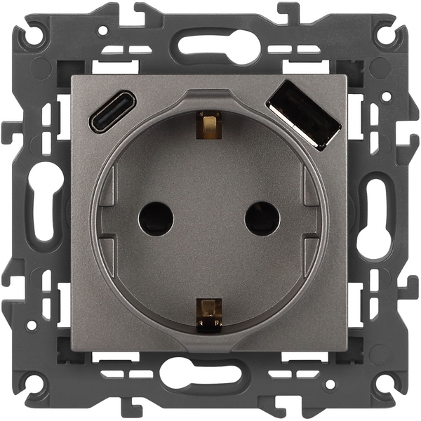 

Розетка встраиваемая с заземлением, шторками и USB Type A+С (титан) ЭРА 14-4108-16, Серый, 14-4108-16