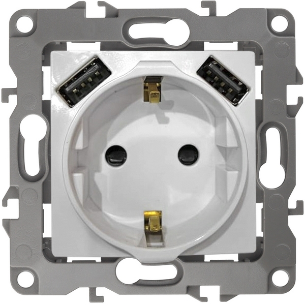 Изображение товара Розетка встраиваемая с заземлением, шторками и USBх2 (алюминий) ЭРА 14-4109-03