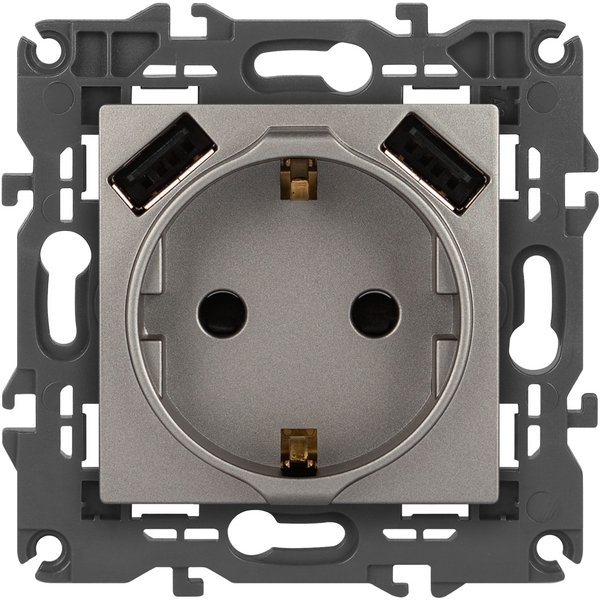 

Розетка встраиваемая с заземлением и USBх2 (титан) ЭРА 14-4109-16, Серый, 14-4109-16