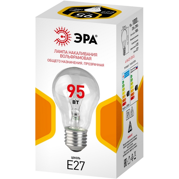 Изображение товара Лампочка накаливания E27 95Вт ЭРА А55 A-95-E27-230-CL